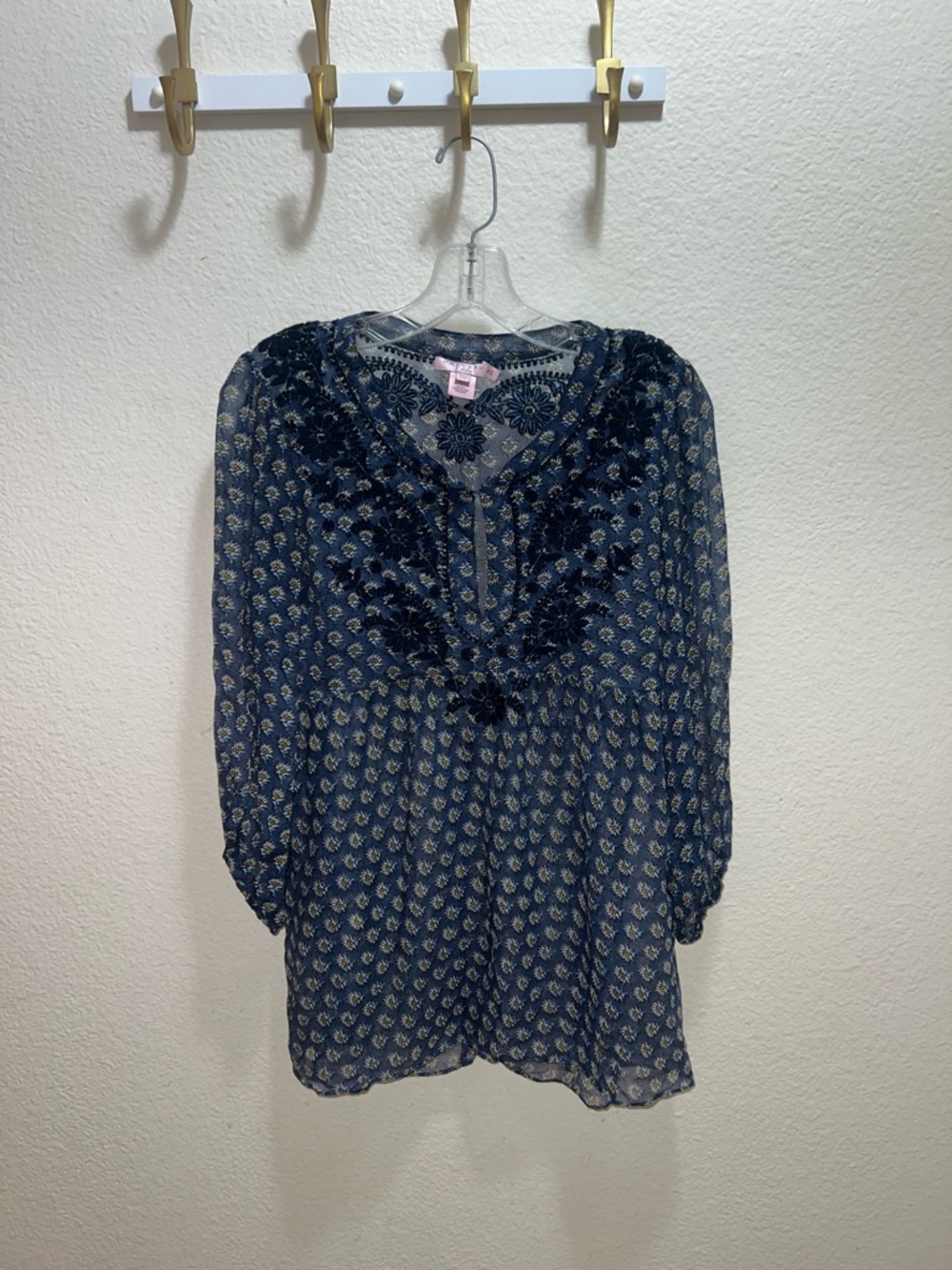 Calypso St. Barth Silk Navy Floral V-Neck Peasant Boho Blouse